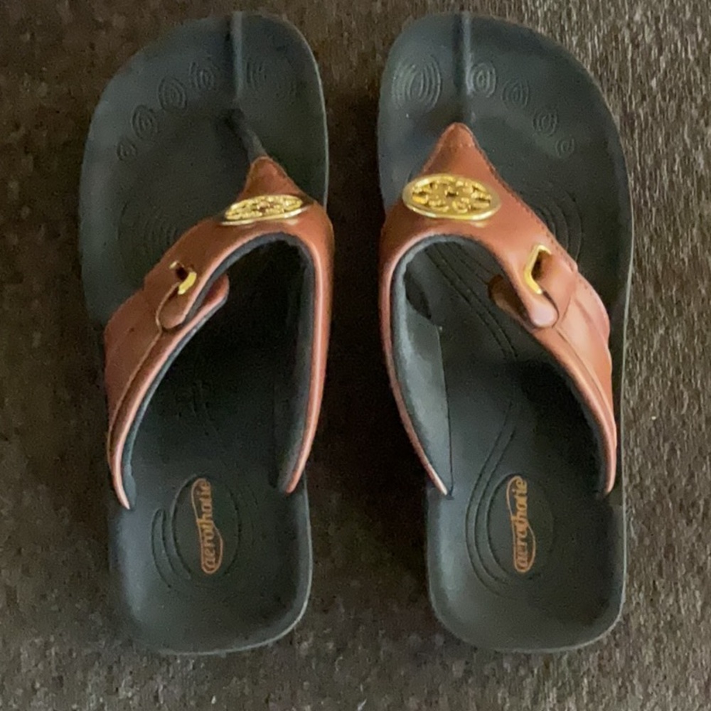 Brown and Black Flip Flops with Gold Accents